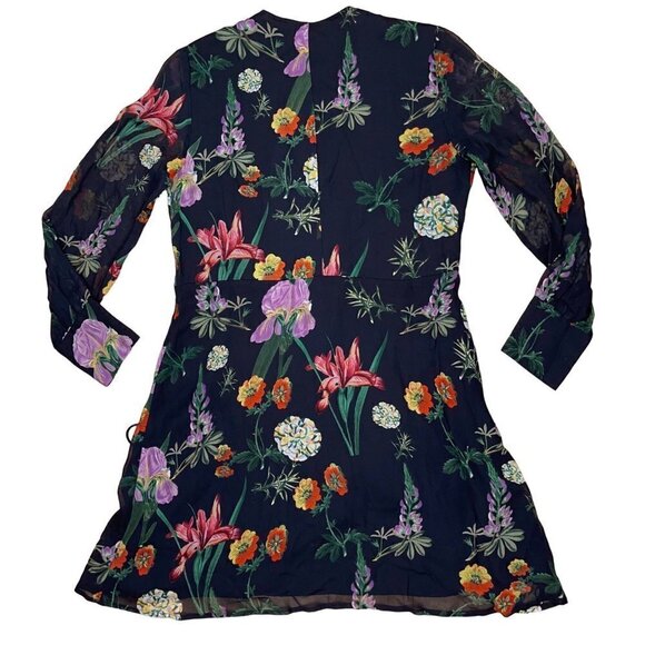 Zara Woman SMALL Black Lined Botanical/Floral Wrap Dress w Sheer Sleeves - Picture 2 of 7